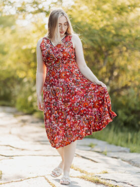 RED FLORAL WITH LACE DETAILING DRESS