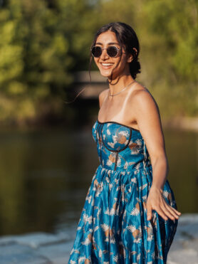 BLUE FLORAL WITH BLACK PIPE DRESS