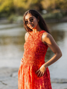 RADIANT ORANGE SHIRRED DRESS