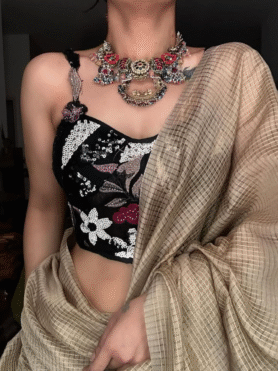 BLACK MESH EMBROIDERY CORSET BLOUSE